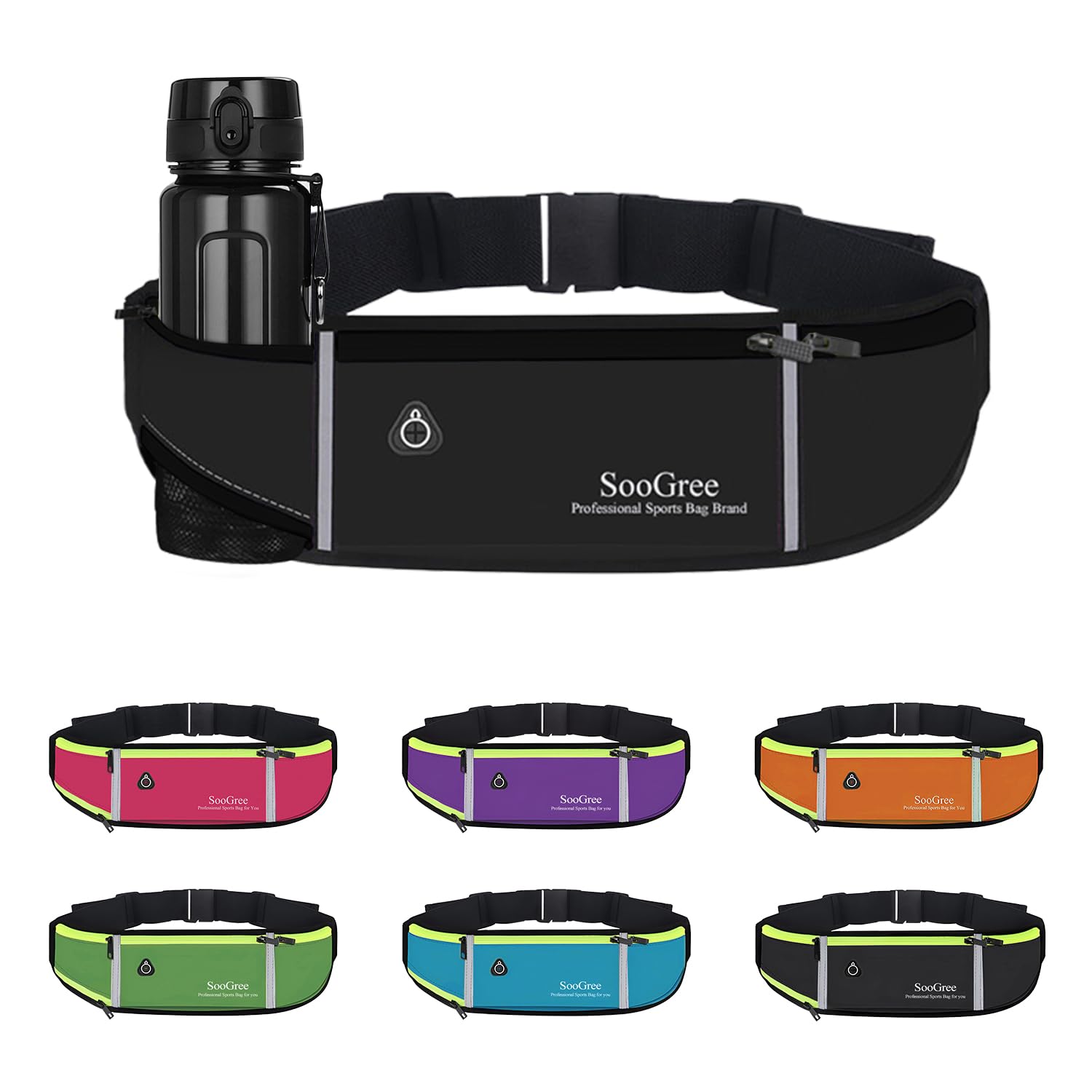 SooGree Fanny Packs, Running Belt Pack, Waist Pack Bag for Men and Women, Lightweight Runners Water Bottle Belt Bag, Phone Holder Money Belt for