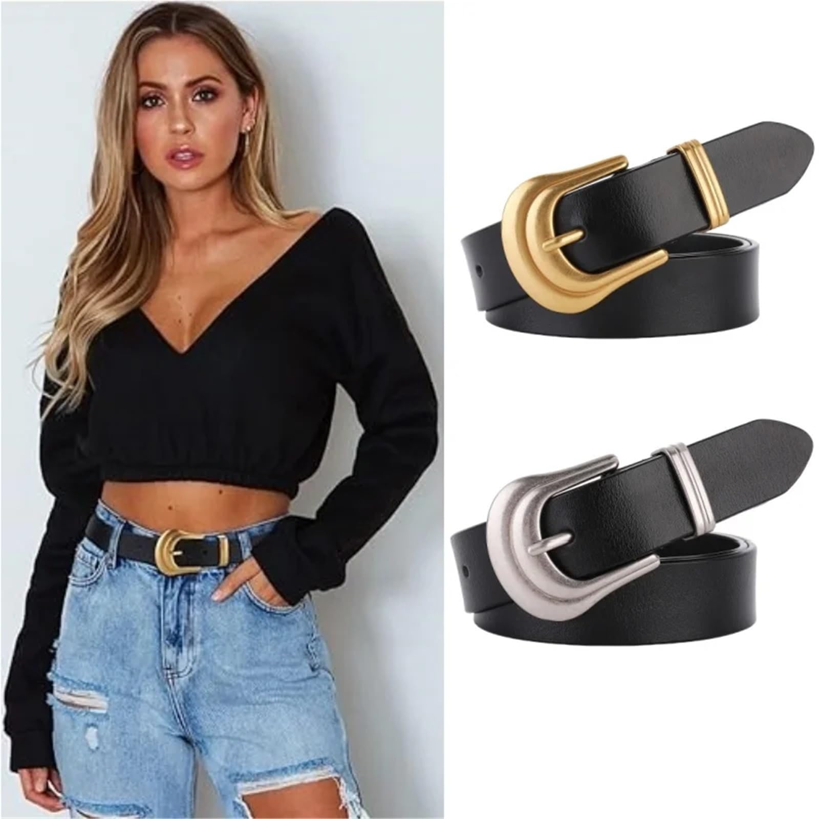 Ceinture femme avec boucle, style western, en cuir noir, rétro Pour Femme