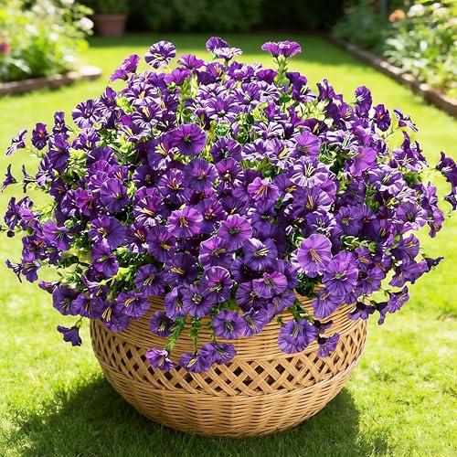 Image of 12 Bundles Artificial Flowers for Outdoors, Faux Silk Morning Glory(Purple) | Artificial Flowers UV Resistant Fake Eucalyptus Plants for Spring Summer Garden Patio Home Decor