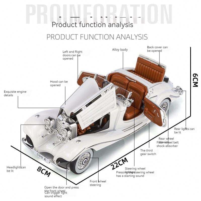 Image of 1:24 Scale Benz 500K Toy Car | Metal Pullback Diecast Car for Kids with Openable Doors, Sound, Light Effects Toy for Car Enthusiasts (Color As Per Available), Black