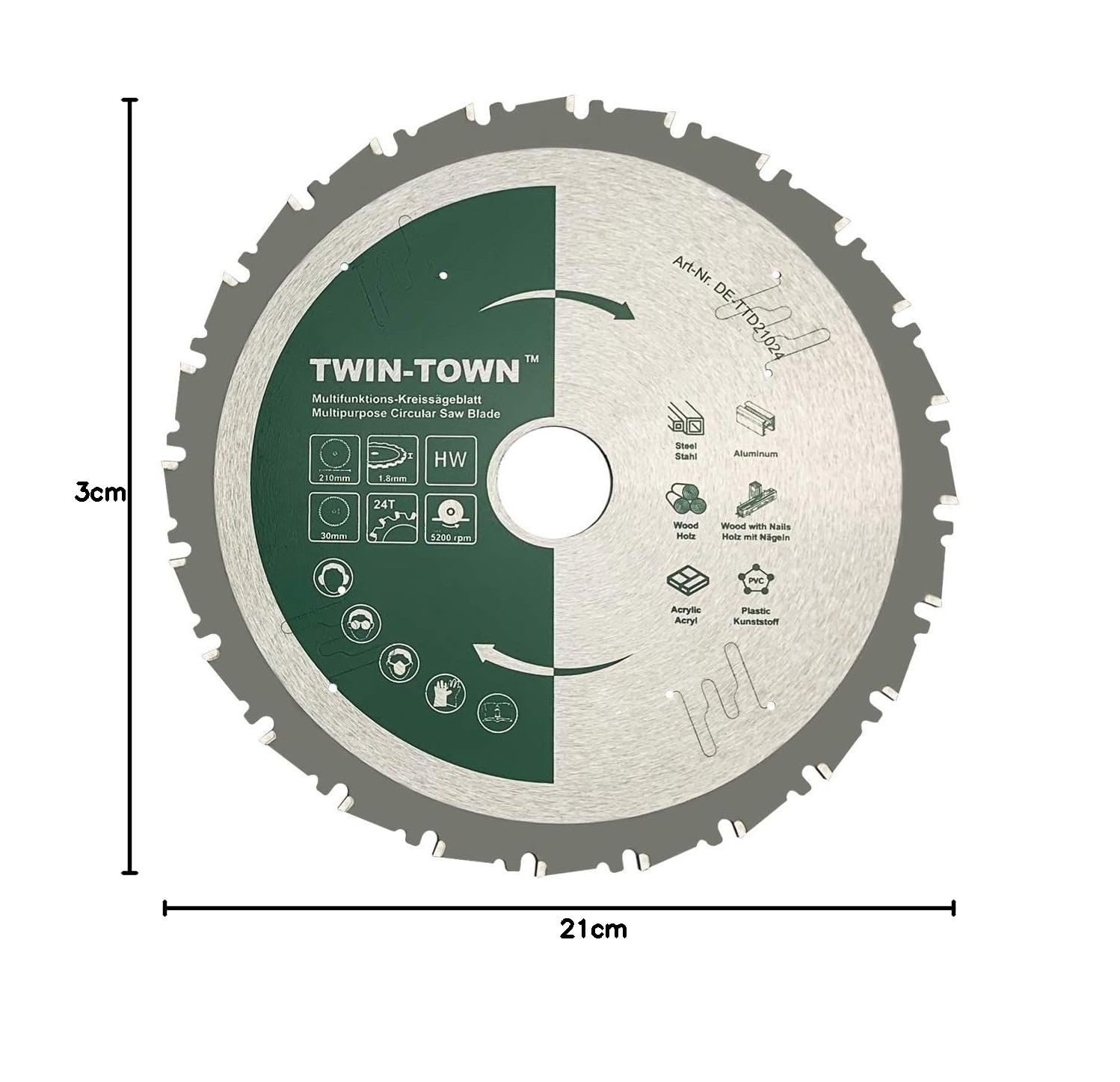 TWIN-TOWN HM Lama per sega circolare multifunzione, 210 x 30 mm, Z24, ideale per legno, legno con chiodi, acciaio, alluminio, acrilico, plastica, laminato e MDF, per sega obliqua