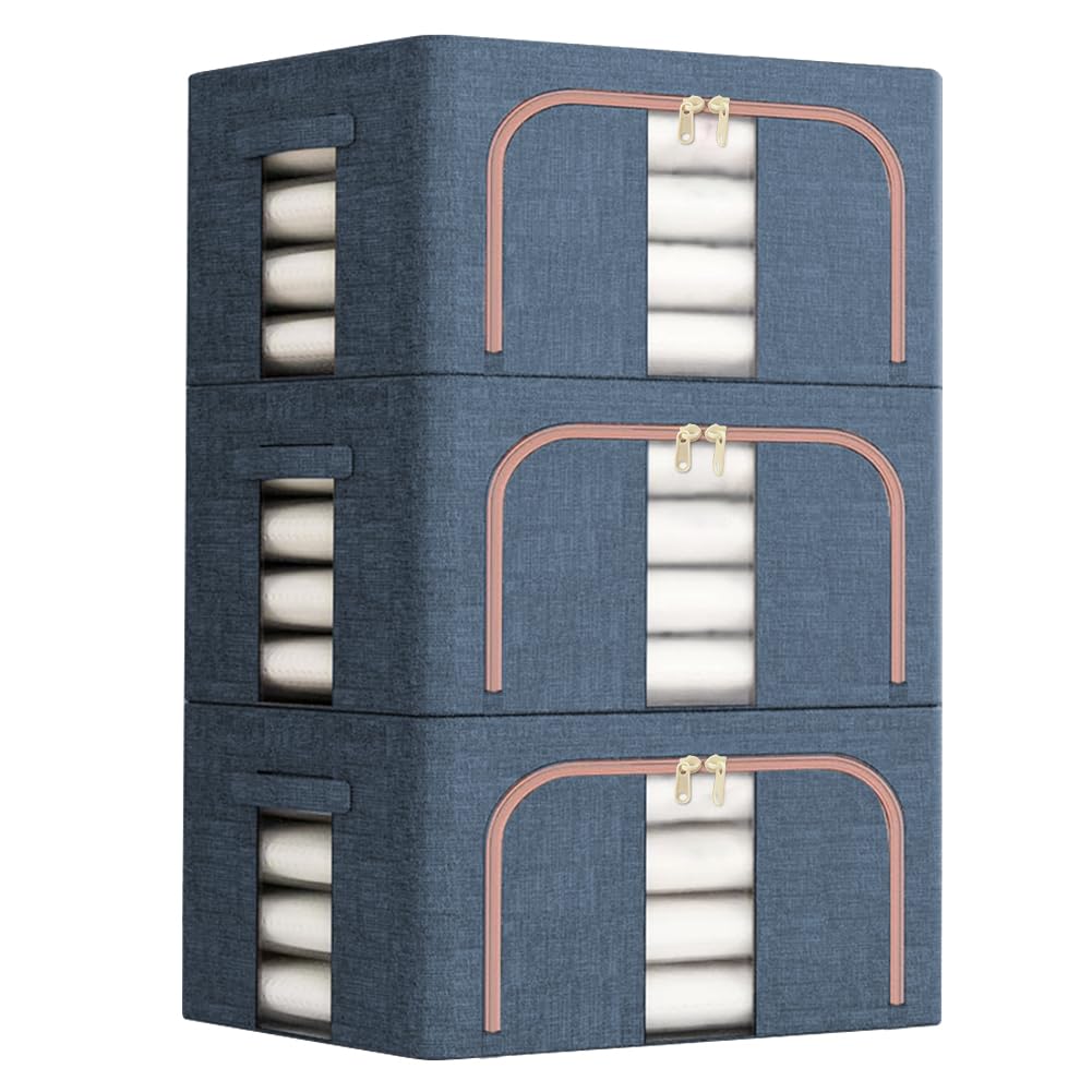3Pcs Clothes Storage Bins with Metal Frame Foldable Fabric Organizer (Blue)