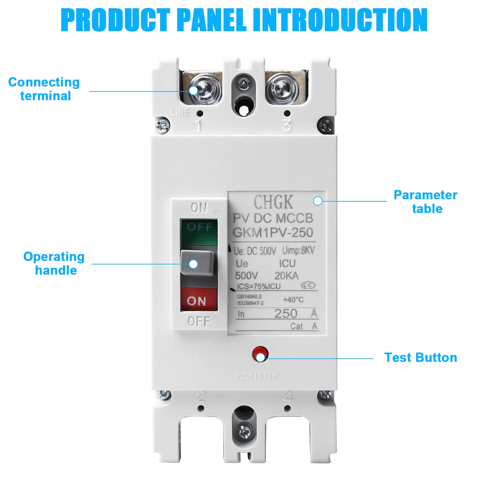 MCCB - Disyuntor de corriente continua (2 pines, DC500 V, 200 A, incluye accesorios de montaje, disyuntor fotovoltaico para sistema solar fotovoltaico, módulos solares, sistema de red