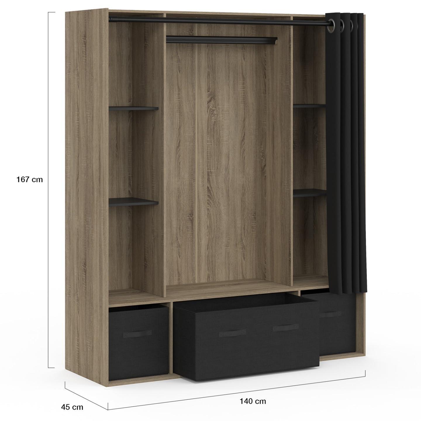 IDMarket - Dressing penderie DIANE 140 x 45 x 167 cm hêtre avec étagères + boites de rangement + rideau noir