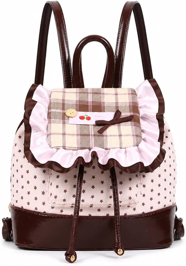 Ruffle Backpack, Pink Mini Bag with Plaid Flap (Pink)