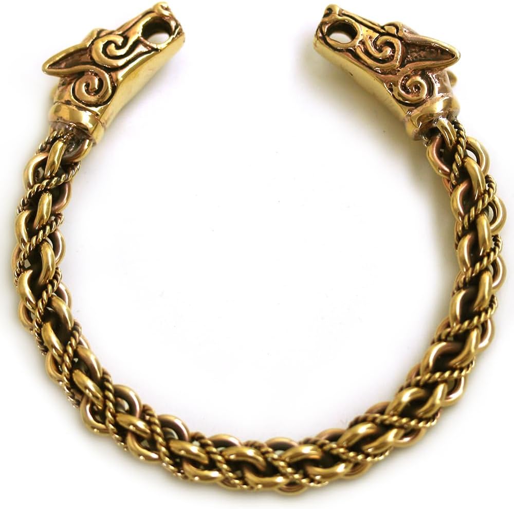 LynnAround Big Size Bronze Norse Viking Fenrir Wolf Head Twisted Cable Bangle Cuff Bracelet Arm Ring Pagan Jewelry