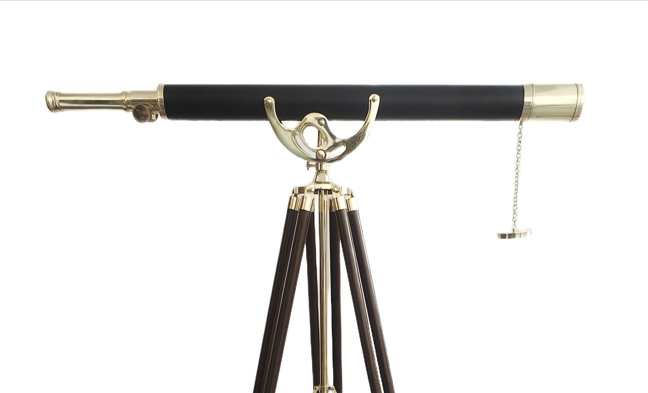 NAVIROCK Maritime Antique Floor Standing Brass & Leather Telescope Adjustable Wooden Tripod Stand Shiny Brass Finish Home Decor