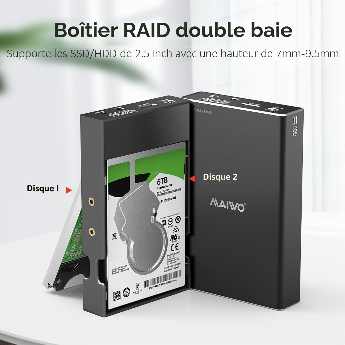 MAIWO Dual Bay Boîtier Raid SATA 2,5", boîtier de Disque Dur Externe pour Disque Dur SSD SATA 2,5", Raid 0/1, USB 3.0 6 Gbps avec UASP, capacité de 16 to, Aluminium