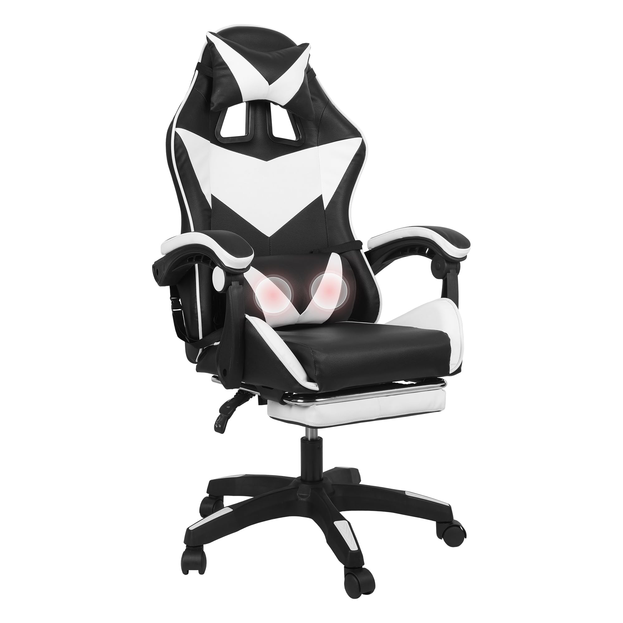 Chaise Gaming Ergonomique Massage à 2 Points, Fauteuil de Bureau avec Repose-Pieds, Appui-Tête & Lombaire Réglables, Capacité de Charge de 150 kg, Noir+Blanc