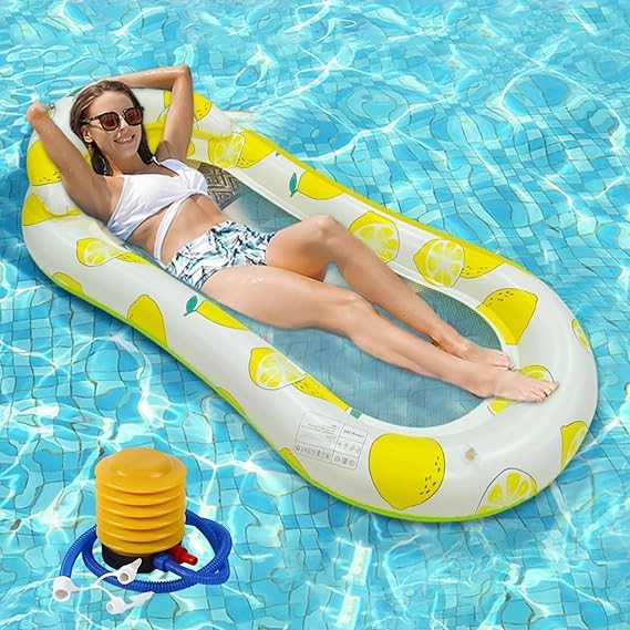 SOLDTRUE Inflatable Pool Raft Lounger with Lemon Pattern | Relaxing Mesh Cooling Bed | Durable & Comfortable Water Hammock for Adults & Kids | Summer Swim Accessory Air Pump Included (1 Pcs.)-image-20