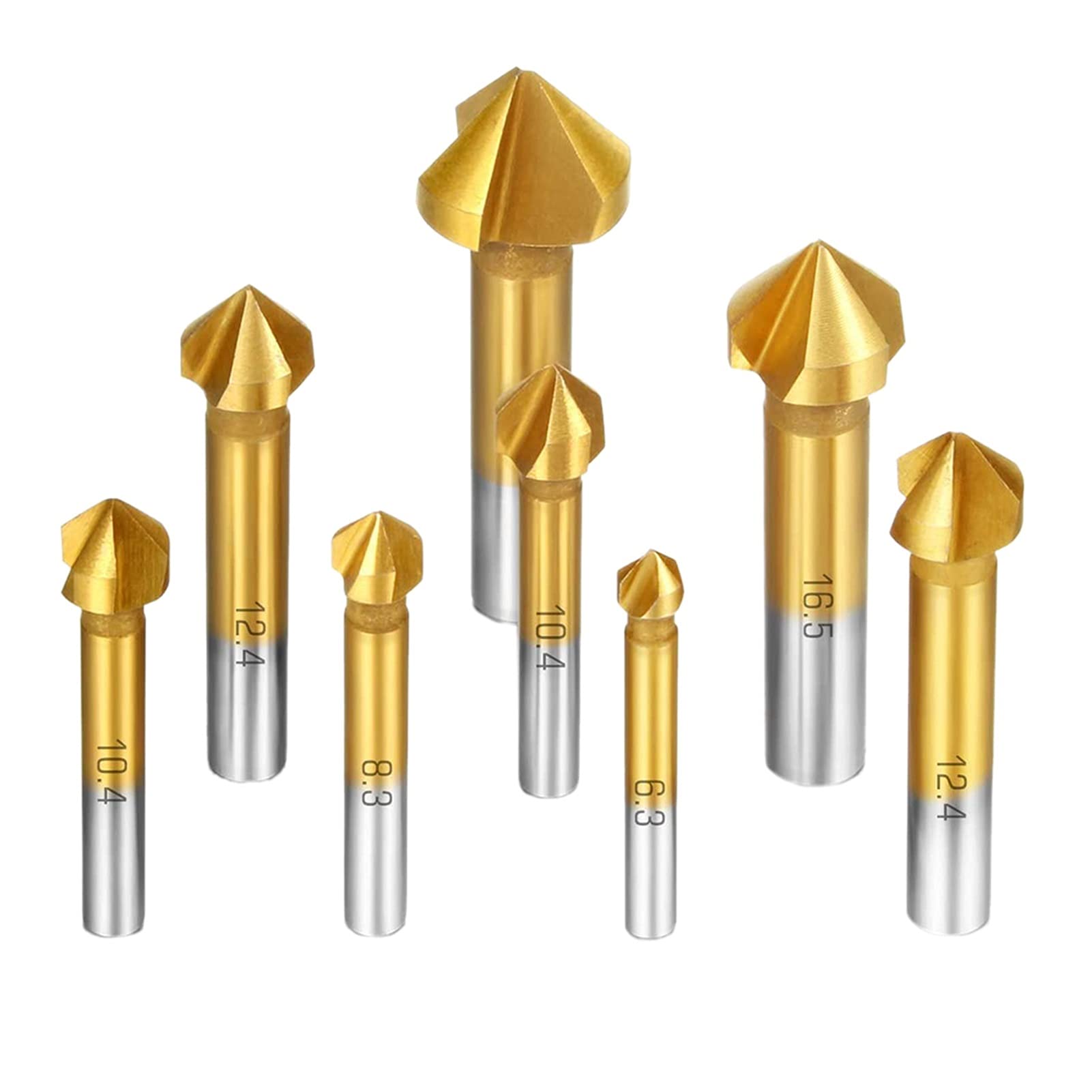 FCARUMIQP 8 pcs HSS Countersink Drill Bit Set 3 Flute 90 Degree Chamfering Tool Chamfer Deburring Hole End Mill Cutter Titanium Bits