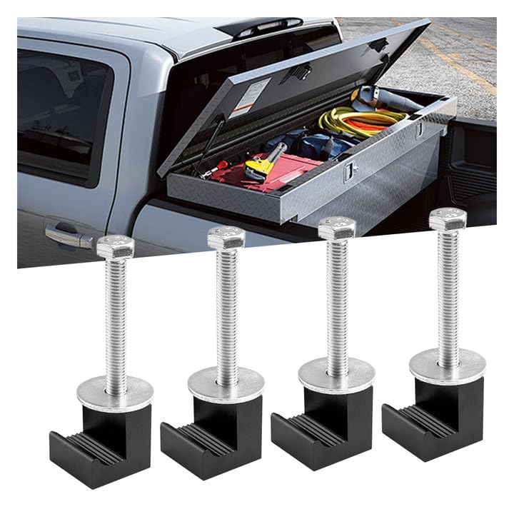 4PCS Truck Tool Box Mounting Kit J Hook Truck Toolbox Clamps No Drilling Pickup Truck Aluminum Crossover Tie Downs Tool Box Accessories for Fix Supplies and Truck Position (Black)