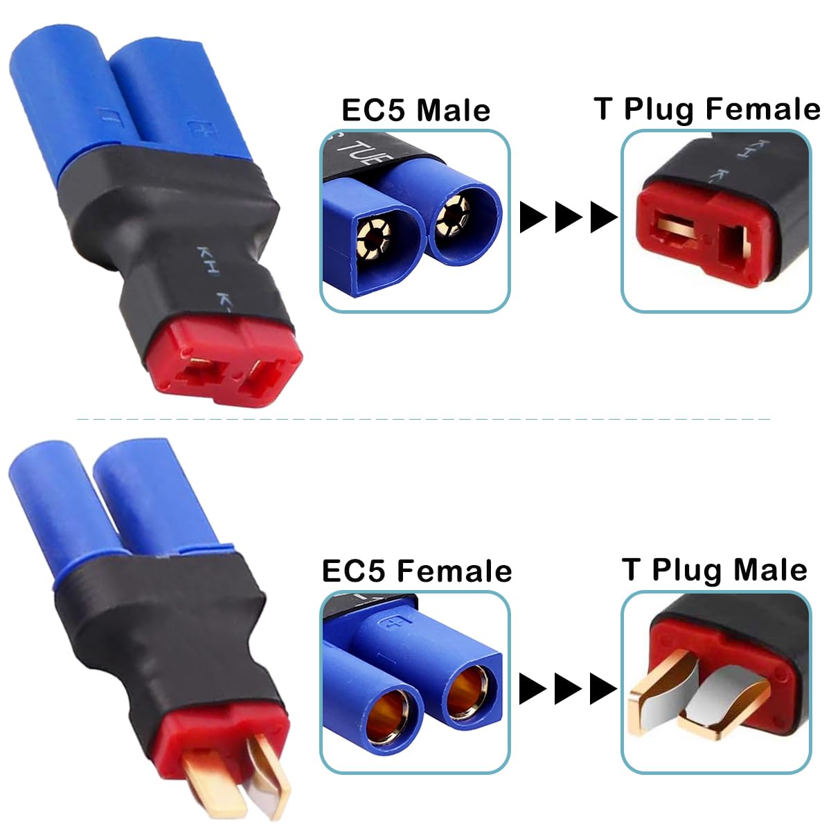 2 pary wtyczek T na wtyczkę EC5/gniazdo, adapter EC5 na wtyk T, 12 G, kabel 5 cm, do ładowarki akumulatorów RC-Lipo, samochód RC