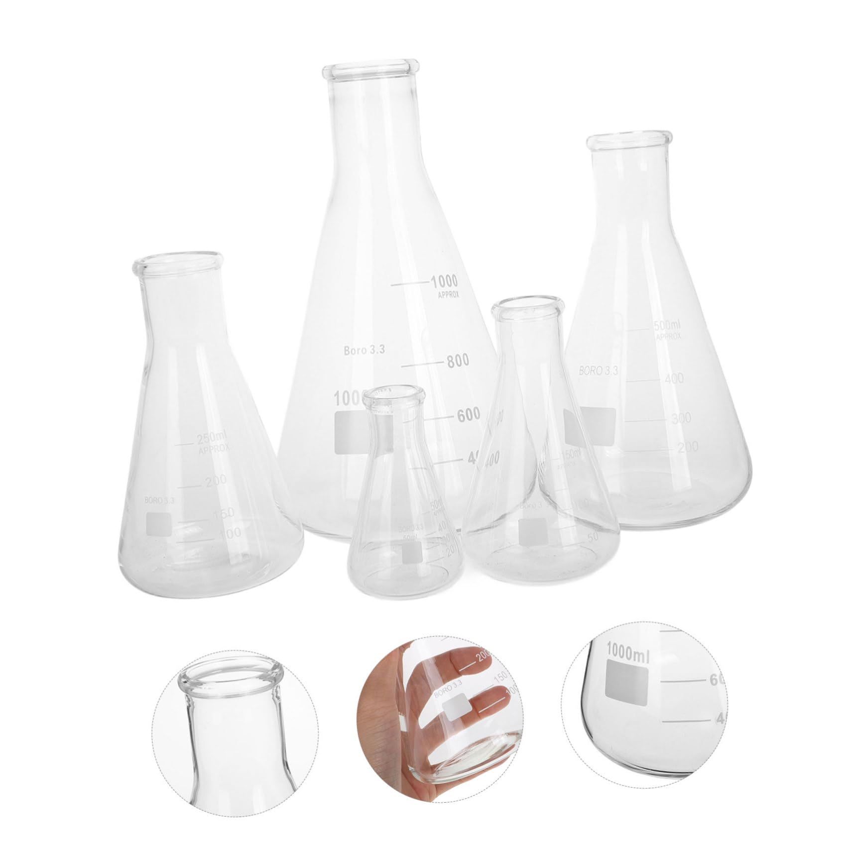 Gatuida Matraces Erlenmeyer y Alta Resistencia a Temperatura de Vidrio Borosilicato Juego de 5 Base Triangular para Experimentos Científicos de Laboratorio