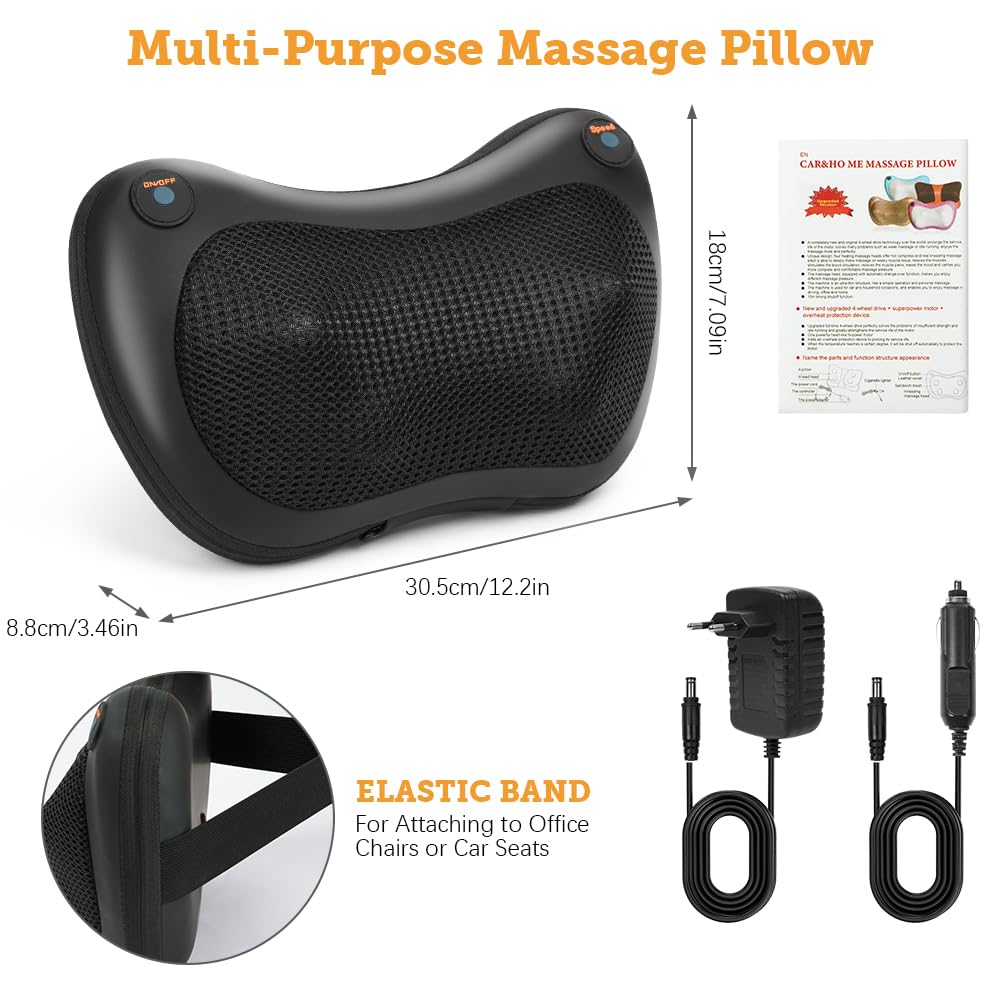 Coussin Massage Shiatsu, Rotation Bidirectionnelle Appareil de Massage avec 4 Nœuds et 3 Vitesses Réglable, Masseur Dos chauffrant, Massage pour Cou, Pieds, Cervical, Corps, Idéal Cadeau de Noël