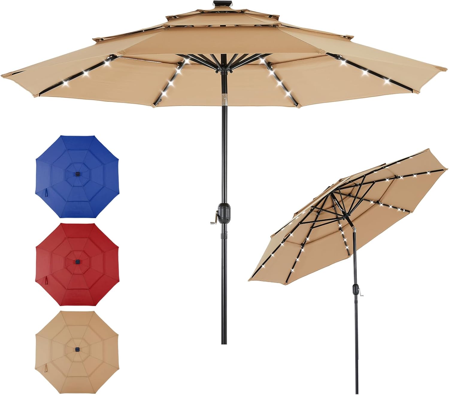 DUMOS 10FT 3 Tier Patio Umbrella with 32 LED Lights, Outdoor Patio Umbrella with Crank, Table Umbrellas 8 Sturdy Ribs for Pool, Market, Terrace, Beach, Outdoor Restaurant, Khaki