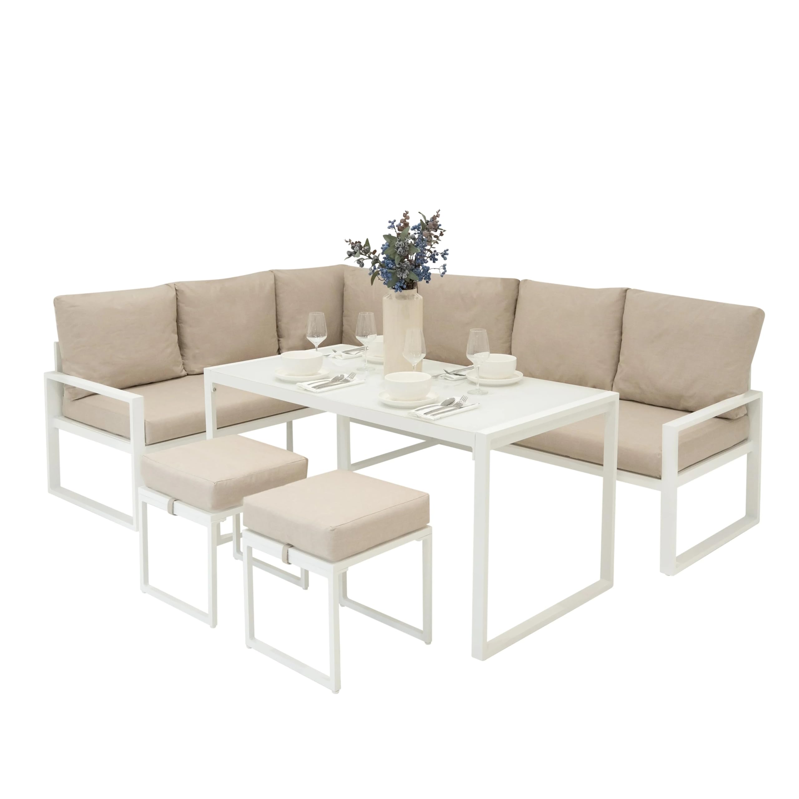 Set Mobili da Giardino in Alluminio 7 Posti Divano Angolare da Esterno con Tavolo da Pranzo in Vetro Temperato e 2 Sgabelli, Cuscini Lavabili, Copertura Impermeabile Inclusa - Bianco