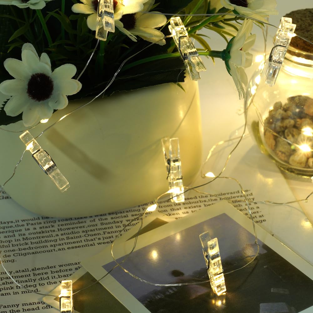 AUAUY Clip Cadena de Luces LED, 10M/100LED Batería Colgar Fotos con 60Pinzas Transparentes, Fotos Pared Decoracion, Colgar Fotos Pared con Luz para DecoracióN Dormitorio, Fiesta de CumpleañOs, Navidad