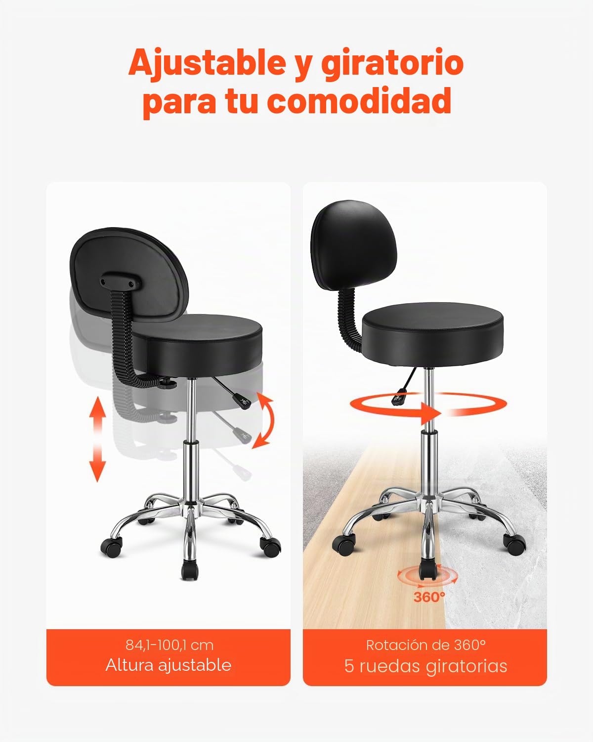 VEVOR Taburete Redondo de Altura Ajustable de 84-100 cm Carga de 204 kg, Taburete de Trabajo con Respaldo, Taburete Redondo Giratoria Ergonómica de Cuero de PU para Salón SPA Clínica de Masaje, Negro
