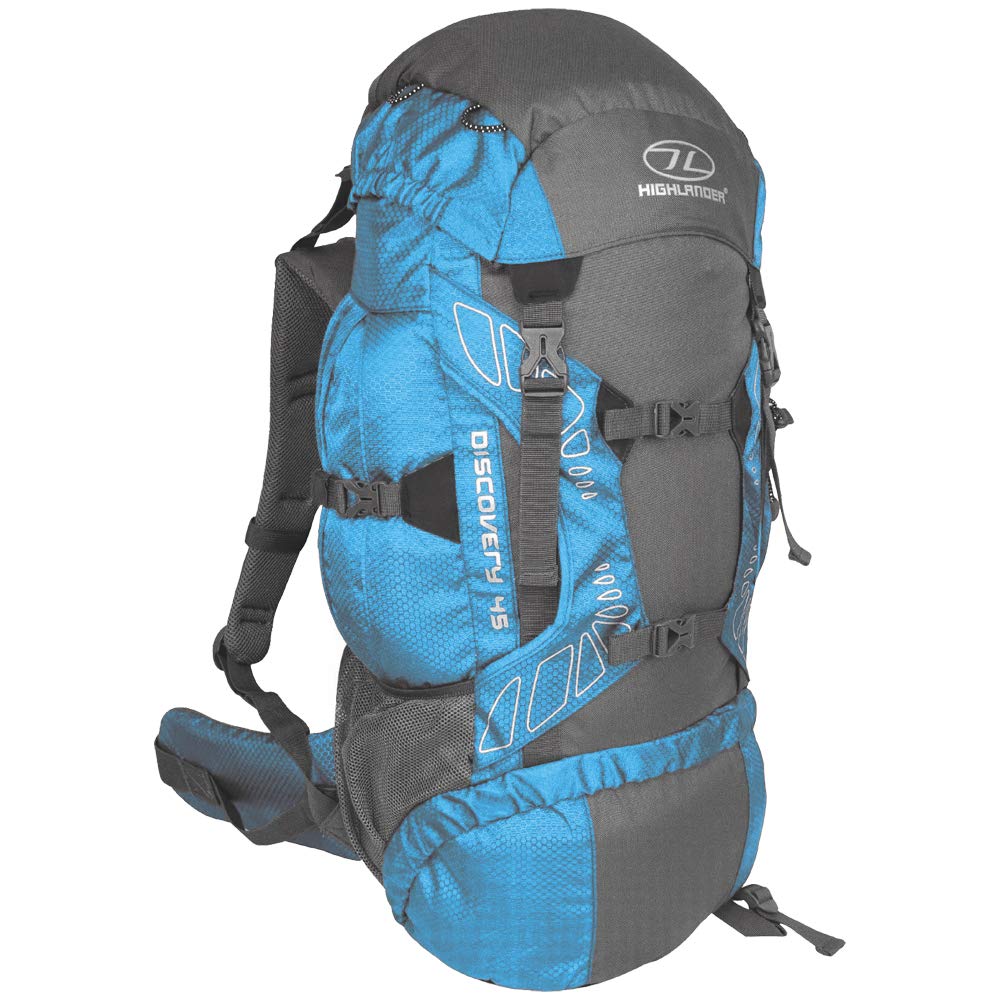 Highlander Lightweight Camping Backpack 45L Outdoor - Large Water Resistant Hiking Backpack with Nylon Waterproof Cover - Adjustable Strap System