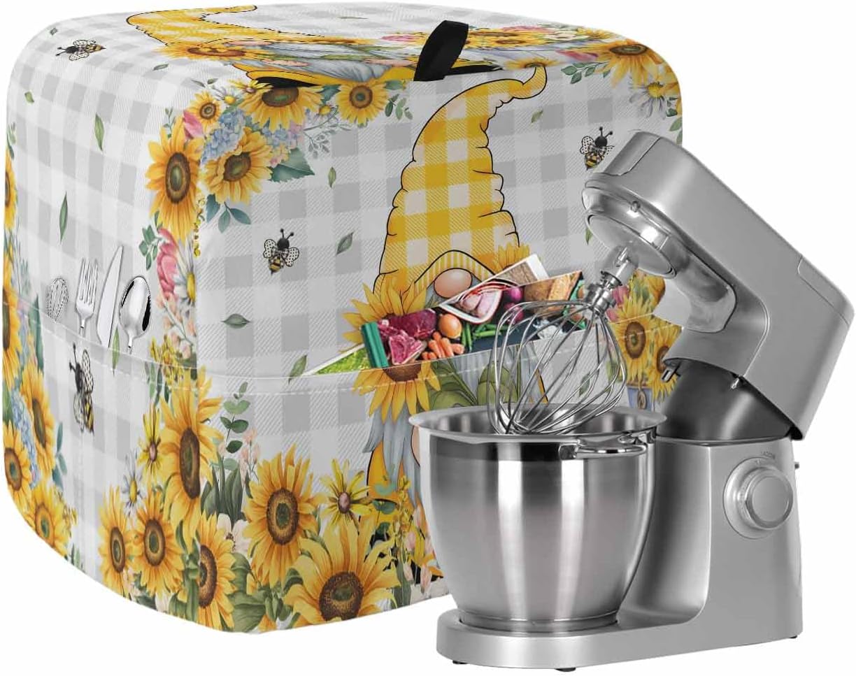 Gnomes Stand Mixer Cover with Storage Pocket, Waterproof Kitchen Mixer Covers, Vintage Yellow Sunflower Summer Bee Grey Plaid Kitchen Appliance Dust Cover Compatible with 4/4.5 Quart Mixers