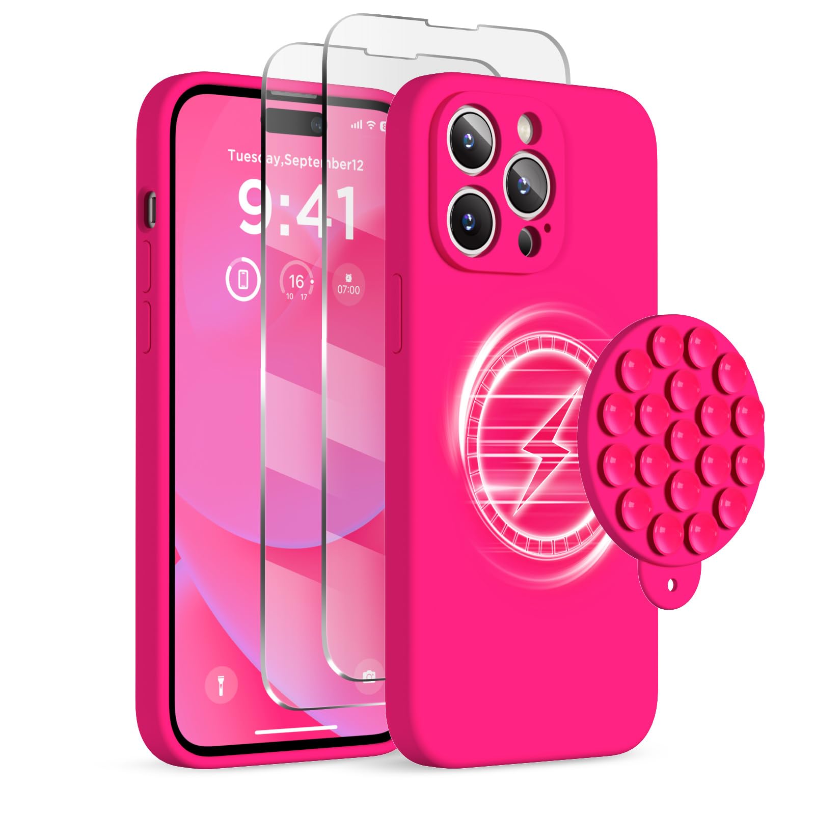 HSAOHD Magnetic for iPhone 14 Pro Max Case, Compatible with MagSafe, [Full Camera Protection][2 Screen Protectors], Suction Cup Phone Mount Silicone