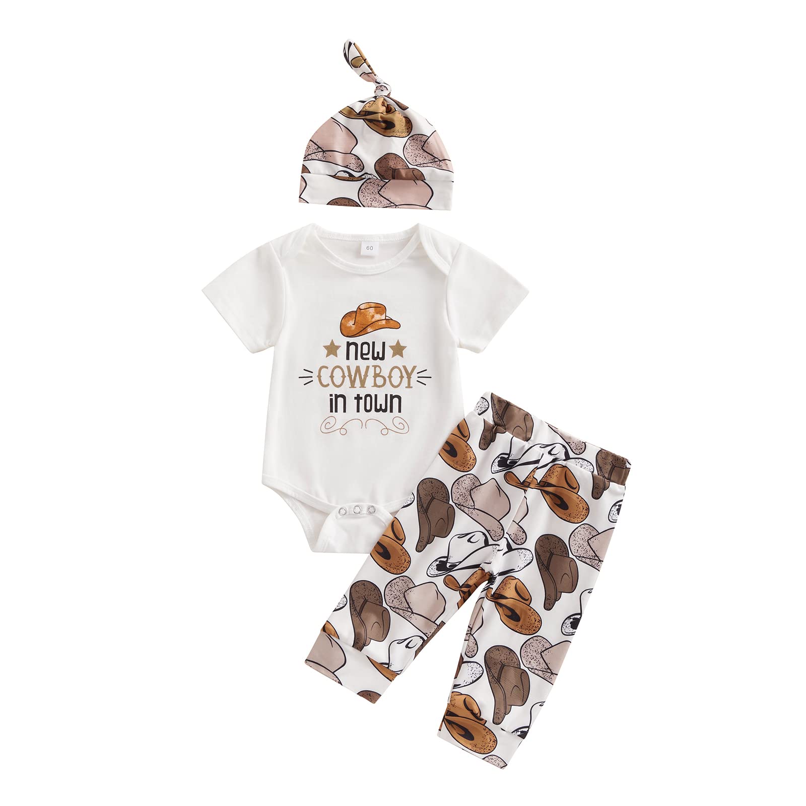 3Pcs Newborn Baby Boy Pants Outfit Western Clothes Set Short Sleeve Cow Print Oneise Romper Jogger Pants with Hat (C-White Hat Print, 0-3 Months)