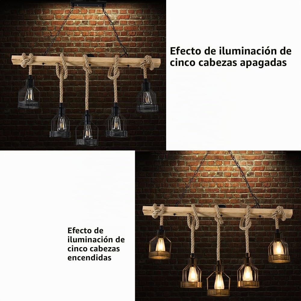 JOJOM Lámpara Colgante Industrial Vintage Altura Ajustable Iluminación Colgante de Madera Lámpara de Cristal Industrial E27 Lámpara Colgante Habitación Hotel Bar Salón Comedor