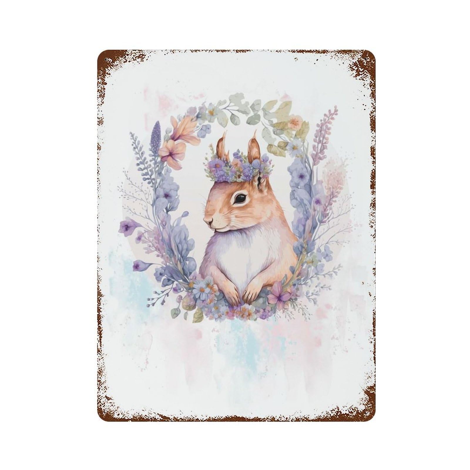 Rust Effect Floral Squirrel Painting Vintage Rust Metal Sign 15.7"x11.8", Old School Wall Decor for Basement, Hobby Room And Garage Decor