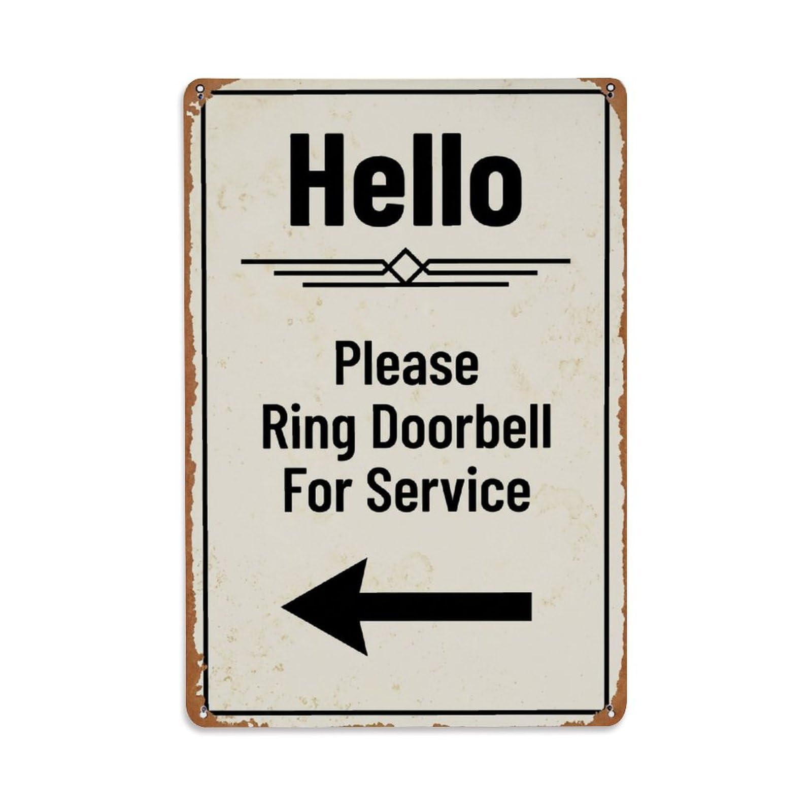 Metal Tin Sign Vintage Hello Please Ring Doorbell For Service Arrow Geometric