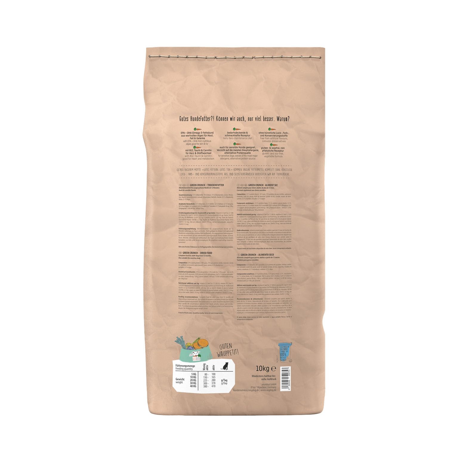 VEGDOG Green Crunch hypoallergeen droogvoer (10 kg) | Volwassen honden | zonder gluten, granen en soja | Compleet voer voor honden met erwteneiwit die allergisch zijn