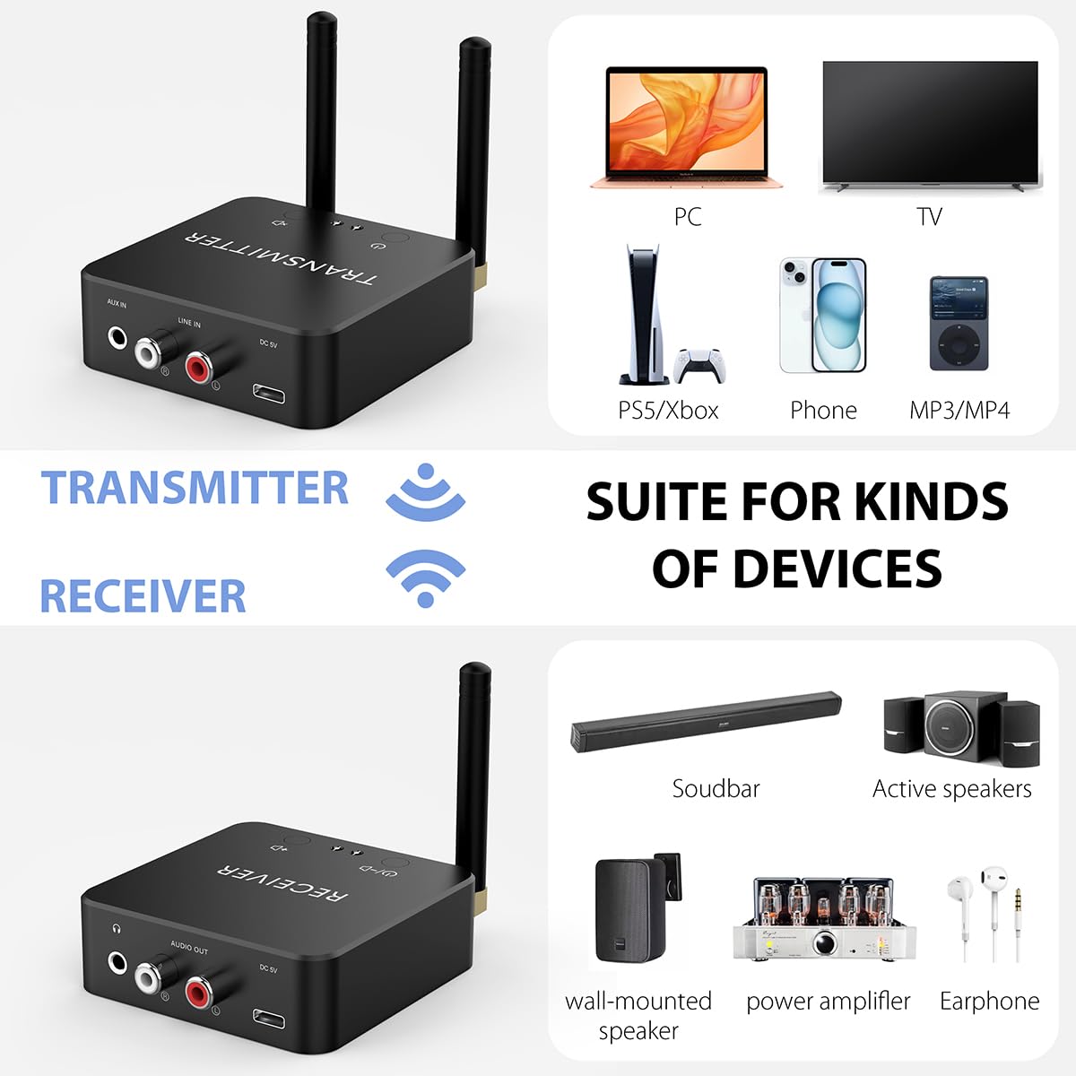 Receptor transmisor de audio inalámbrico de doble banda de 5,8 GHz y 5,2 GHz para TV/PC, 160 pies de largo alcance 0.018s de baja latencia con receptor Bluetooth 5.3 de 2.4 G integrado, kit adaptador
