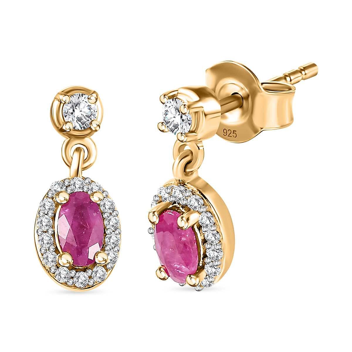 Ruby & White Zircon Drop Earrings in 18K Yellow Gold Vermeil Sterling Silver – Halo-Style Oval Ruby Dangle Earrings with Zircon Accents – Luxurious Push-Post Closure for Elegant Jewelry Gift