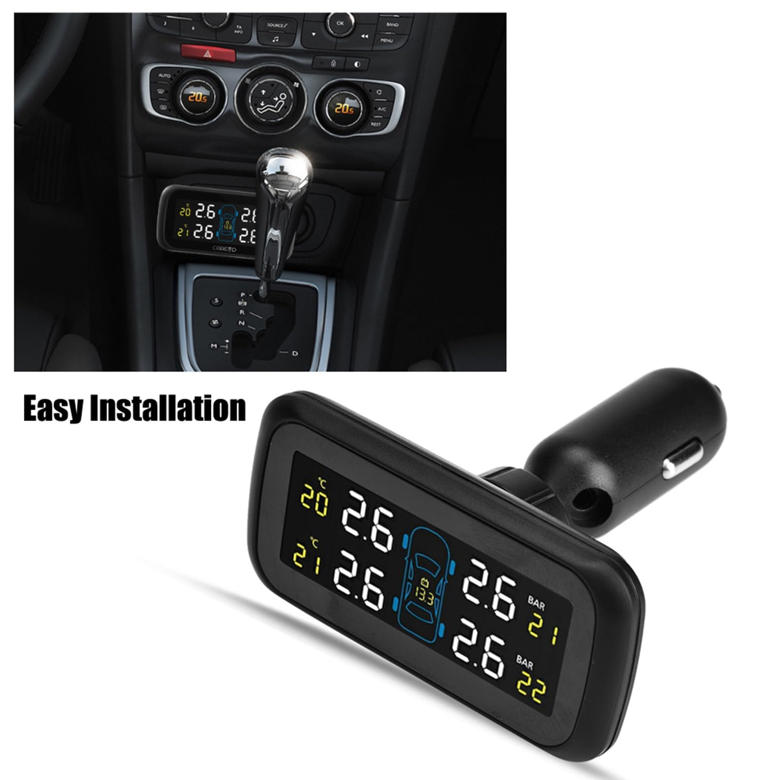 System Monitorowania Ciśnienia w Oponach TPMS z 4 Czujnikami Wewnętrznymi Wyświetlacz LCD Ładowarka USB Zapewniająca Bezpieczeństwo Samochodu i oszczędność Paliwa