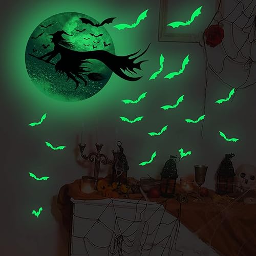 Miniatura 2 de Calcomanías de Halloween que brillan en la oscuridad, decoración de bruja, luna, murciélago, decoración de pared interior y ventana