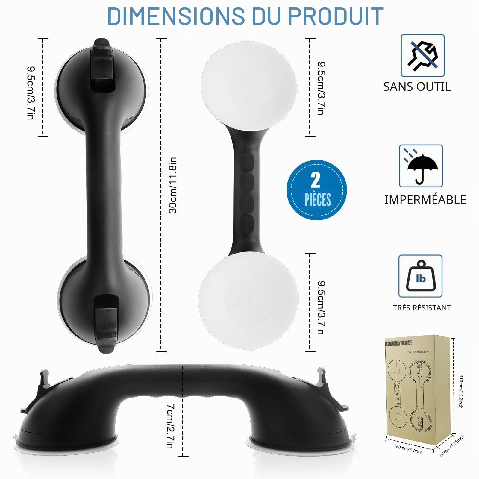 Poignée Ventouse, Poignée de Douche Sans Percage 2 Pcs | Barre D'appui Ventouse,Capacité Portante 100kg Barre D'appui Douche pour Personnes Âgées,Handicapés,Enfants