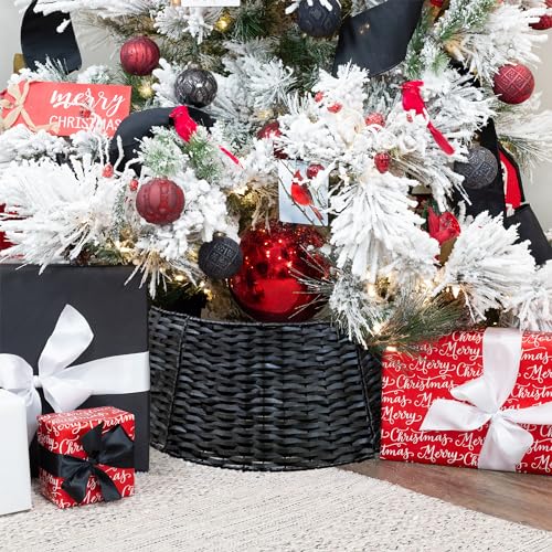 AuldHome Design Wicker Christmas Tree Collar (Black, 29-Inch), Real Wood Basket Weave Large Willow Tree Skirt