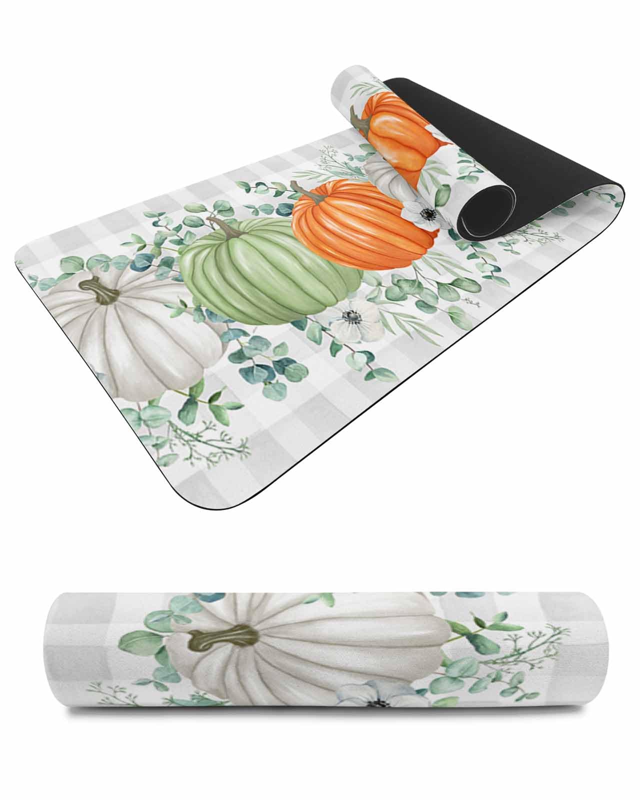 Debedcor Heat Proof Table Pads Waterproof Decorative, Orange Green Gray Pumpkins Non-Slip Table Countertop Protector, Rustic Eucalyptus Plaid Insulation Mat for Dining Room, 48 x 12 Inches