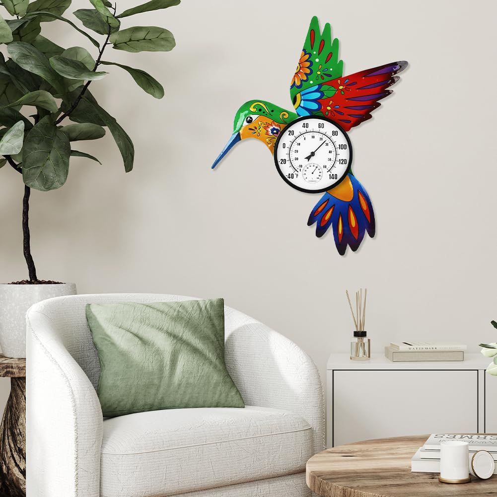 Termometro a forma di colibrì per interni ed esterni, con umidità, senza batteria, facile da leggere, grande numero, 55,9 cm, decorativo per patio, cortile, giardino, soggiorno