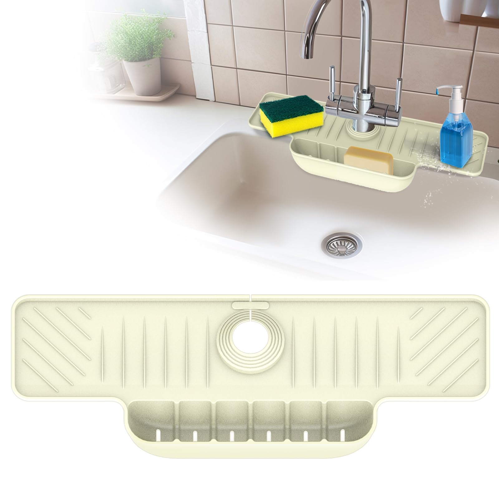 17.9" Silicone Faucet Mat with Sponge Holder | 5° Slope Splash Guard | Adjustable Drip Catcher Tray for Kitchen & Bathroom Countertops