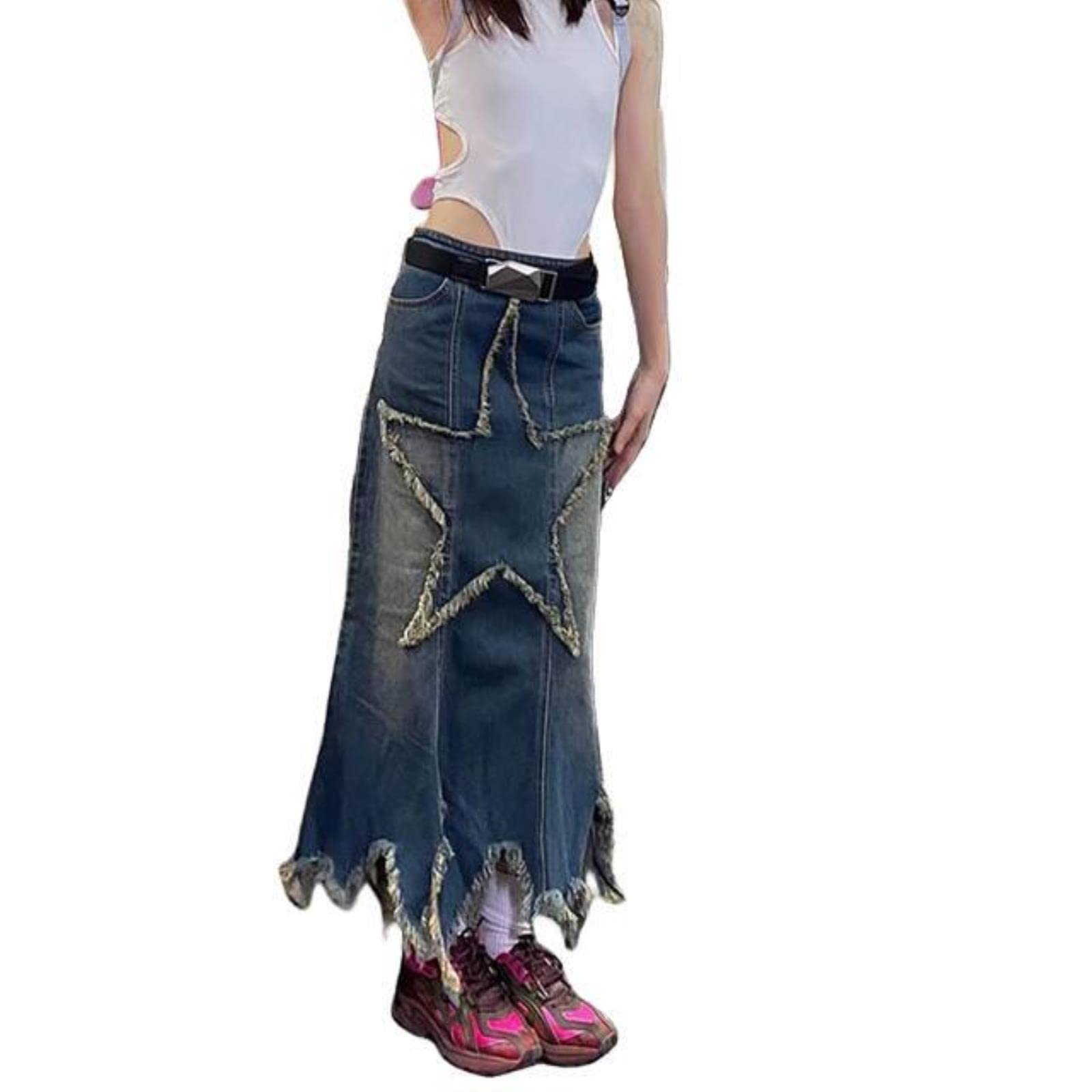 TOBILE Röcke Damen Streetwear Vintage Knielang Denim Midi Langer Rock hohe Taille gerade Grunge Jeans Röcke Kleidung