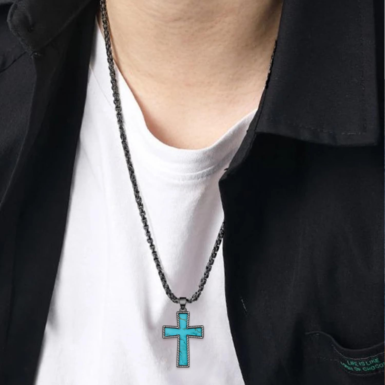 Genuine Turquoise Cross Necklace 925 Sterling Silver Turquoise Necklace Vintage Western Black Cross Turquoise Jewelry for Men - Image 7