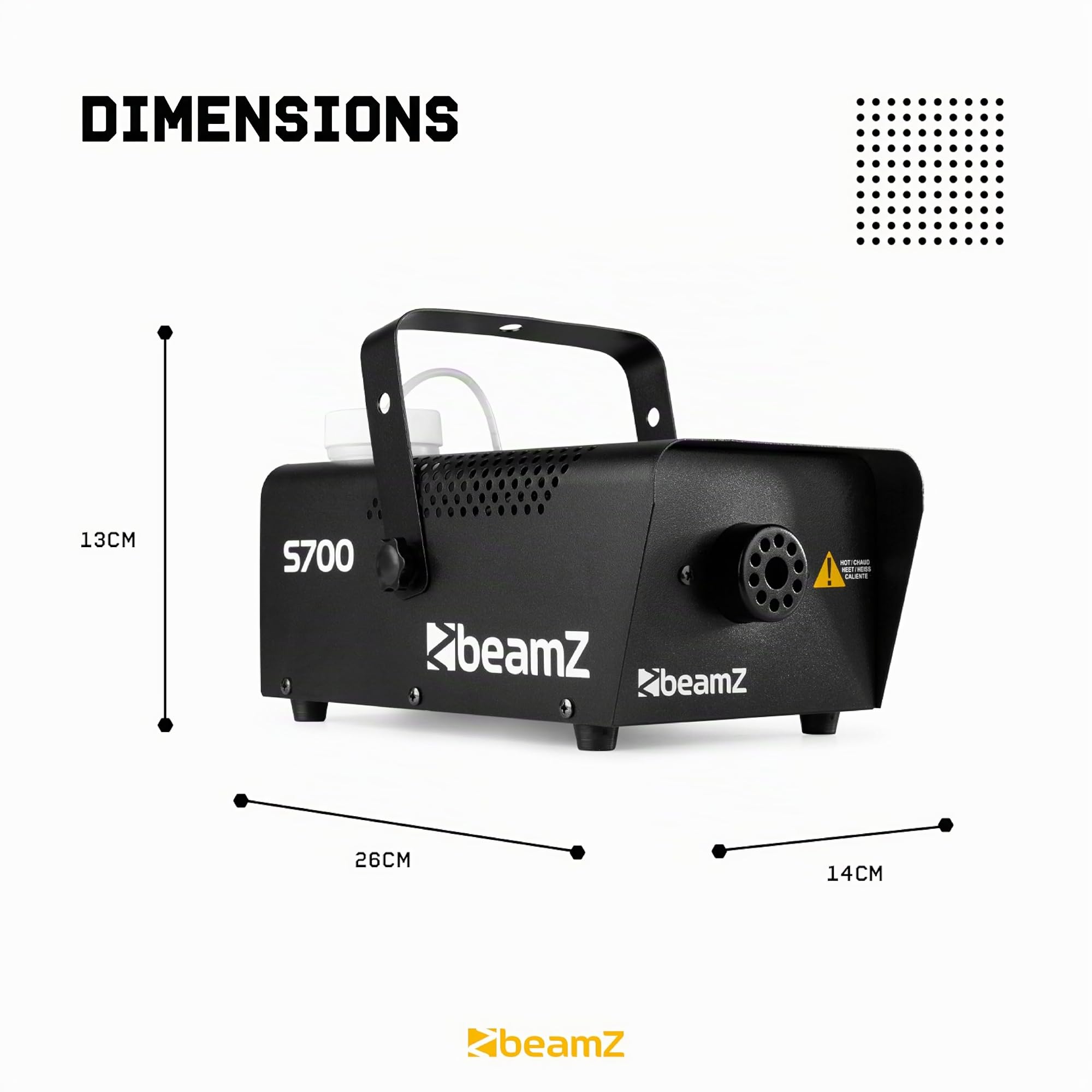BeamZ S700 Machine à Fumée Solide et Compacte, 700 Watts, Télécommande 3 m, Réservoir 0.4 L, Préchauffe Avant Utilisation : 3 minutes, Idéal pour votre Soirée avec des Jeux de Lumière