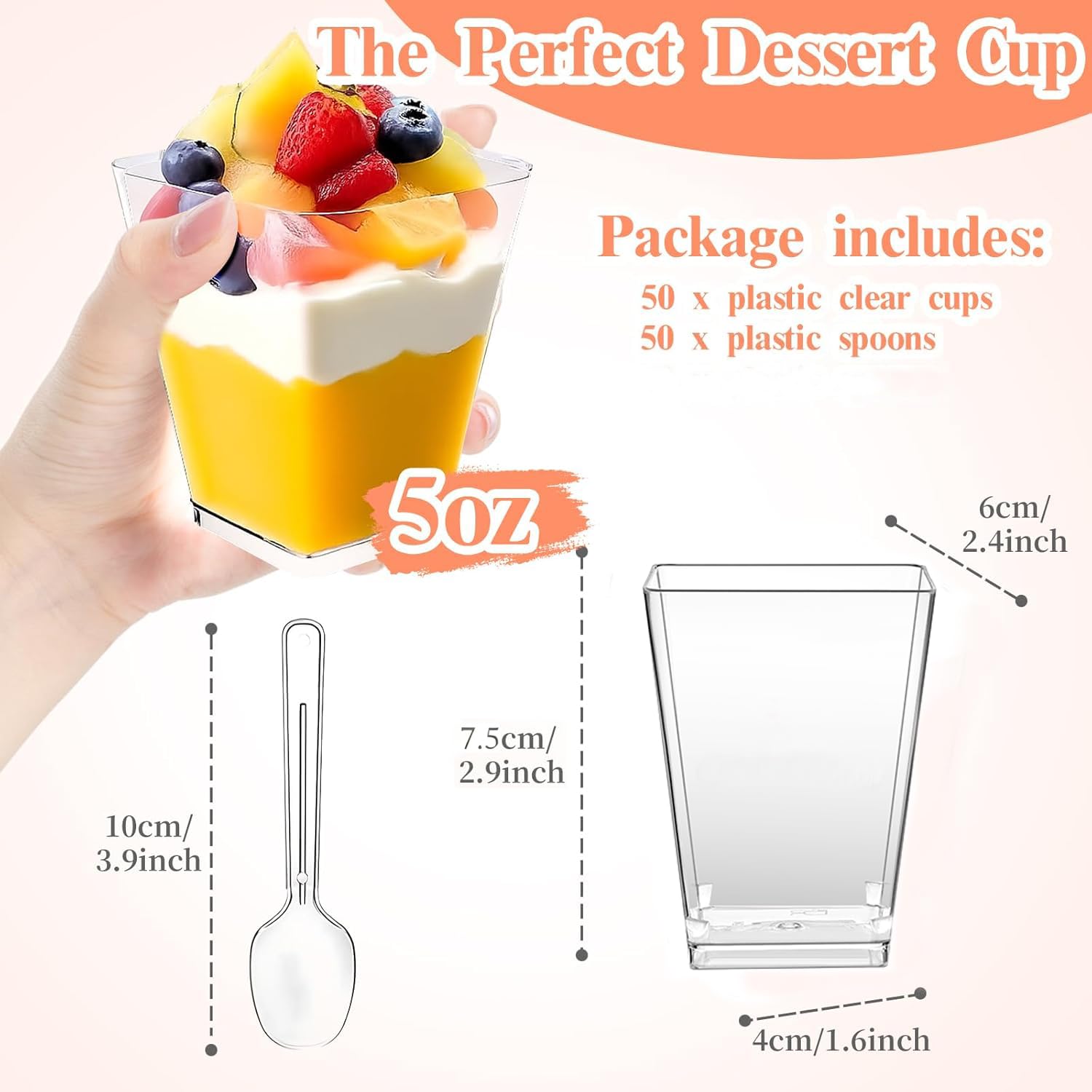 Sprifityy - Juego de 50 tazas de postre cuadradas transparentes (160 ml, 50 cucharas, fáciles de limpiar, reutilizables, para tartas espumosas, helados, postres caseros, puddin — view 2