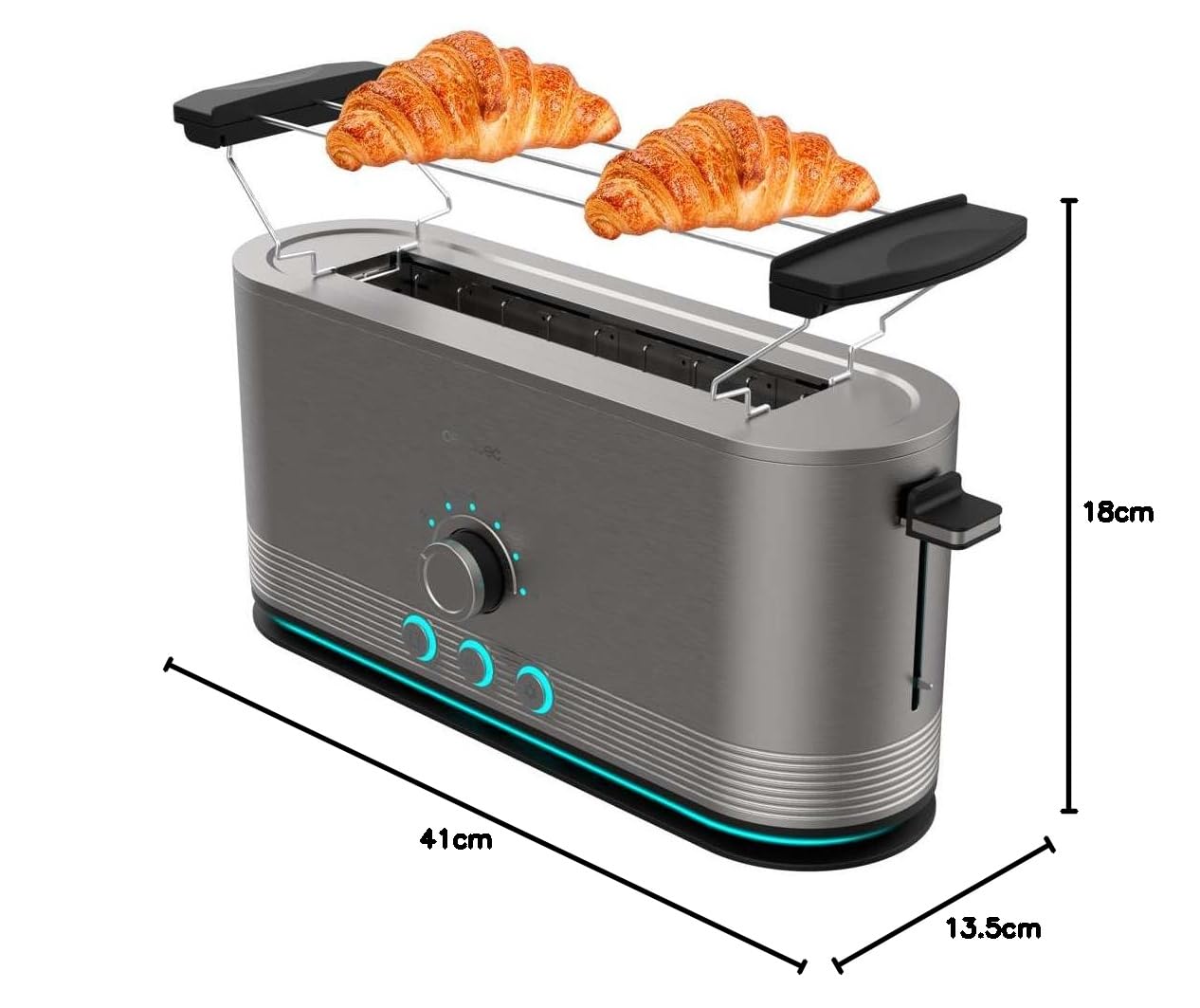 Cecotec Tostadora Vertical de Acero con Ranura Larga Shine&Toast Extra. 1050W, Capacidad para 2 Tostadas, Ranura Ancha de 3,8cm, Anillo Luminoso, 7 Niveles de Tostado, Varillas Superiores