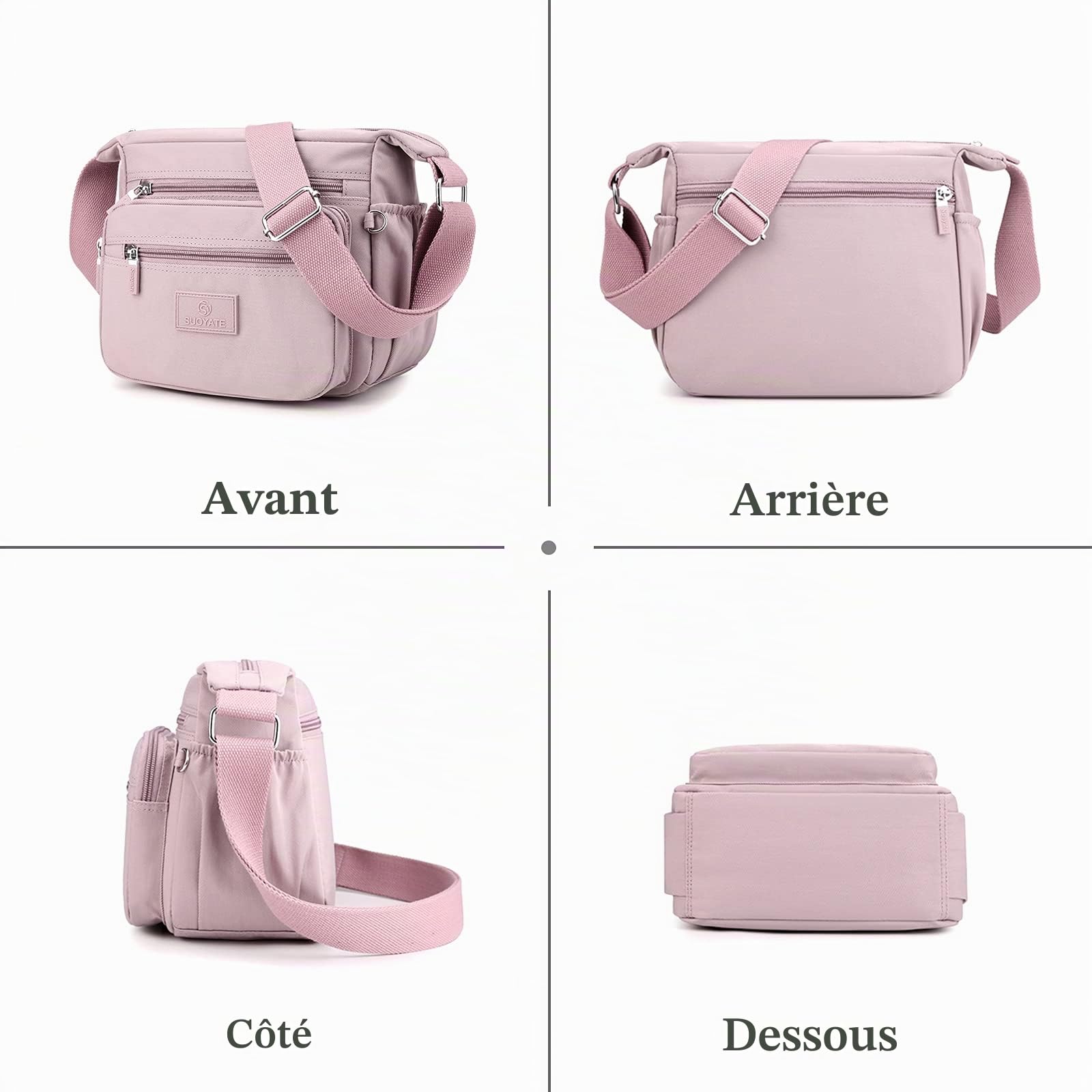 Femme Sac à Bandoulière Sac D'épaule de Loisir Multi-Poches Nylon Sac de Messager Sac à Main pour Voyage Randonnée Usage Quotidien