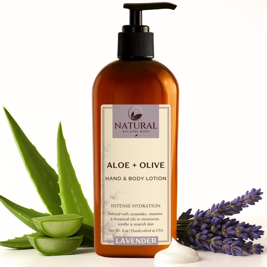 Natural Escapes Lavender Body Lotion for Dry Sensitive Skin, Eczema Relief Moisturizer with Aloe Vera, Olive Oil, Ceramides, Vitamin B5 and E, Hand