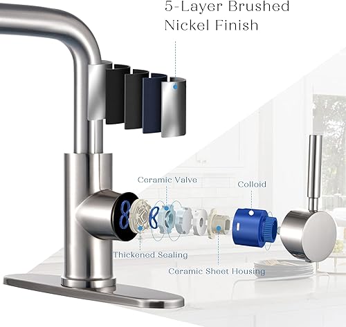 Miniatura 6 de Peppermint Grifos de cocina con rociador extraíble, grifo de níquel cepillado para fregadero de cocina, una sola palanca, grifo de fregadero de