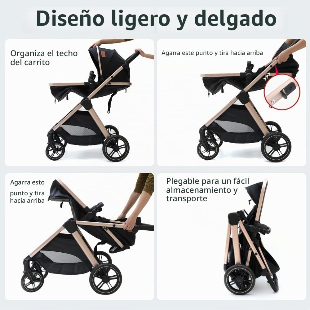 Cochecito Sistema de Viaje 3 en 1 Totalmente Plegable,Negro Oro