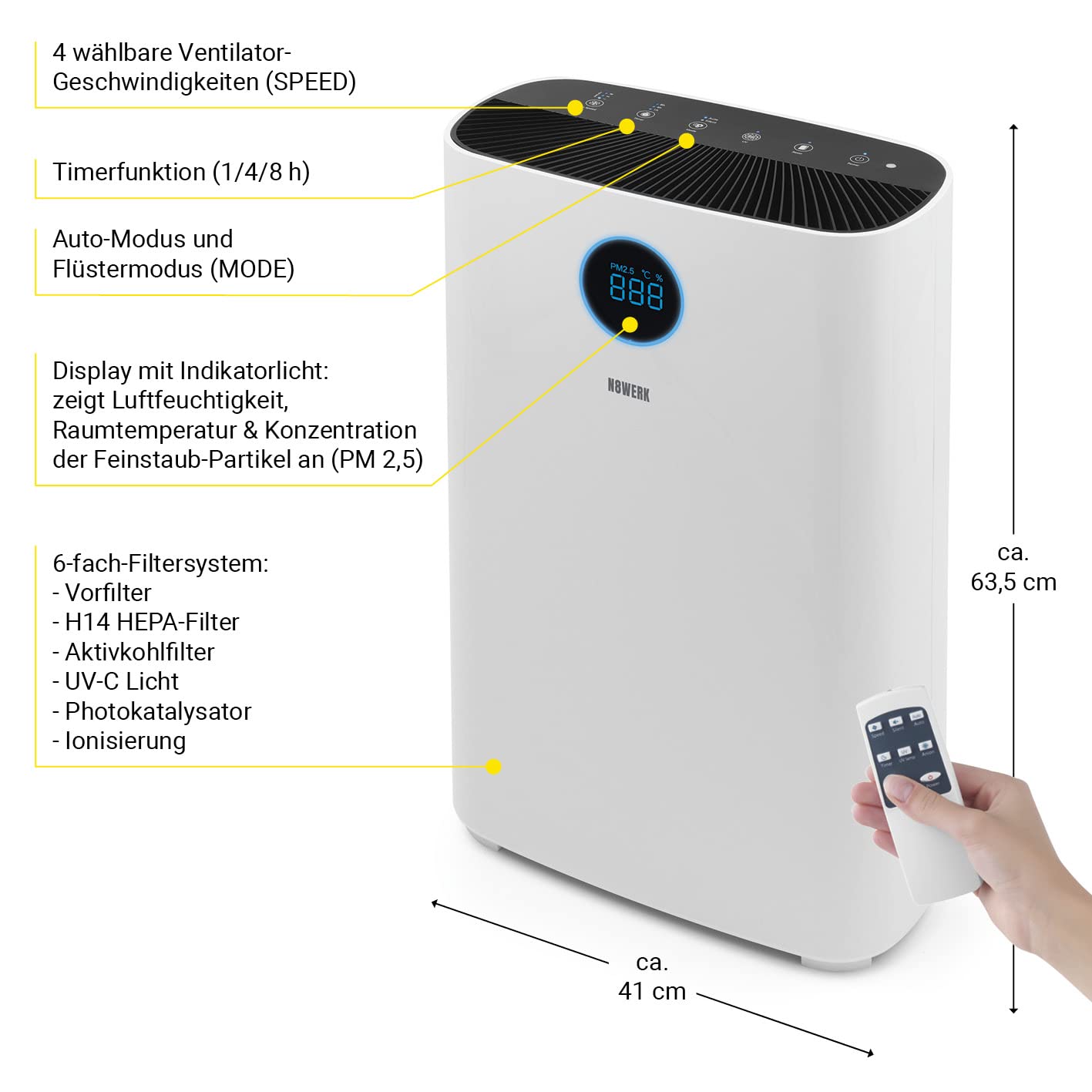 Luftreiniger mit 6-fach-Filtersystem | H14 Filter | CADR: 355 m³/h | Für Allergiker - filtert Pollen, Staub, Bakterien etc. | App-Steuerung | Inkl. UVC- Licht | Raumgröße bis zu 80 m²